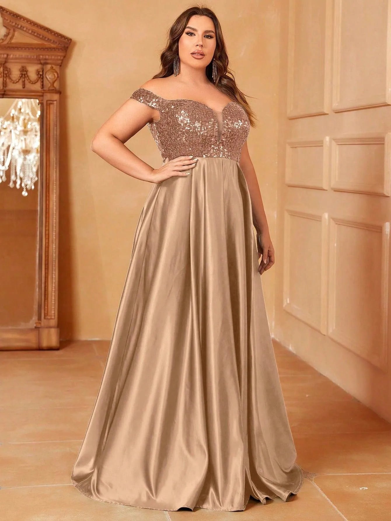 Plus Sweetheart Neckline Contrast Sequin Satin Prom Dress - Elonnashop