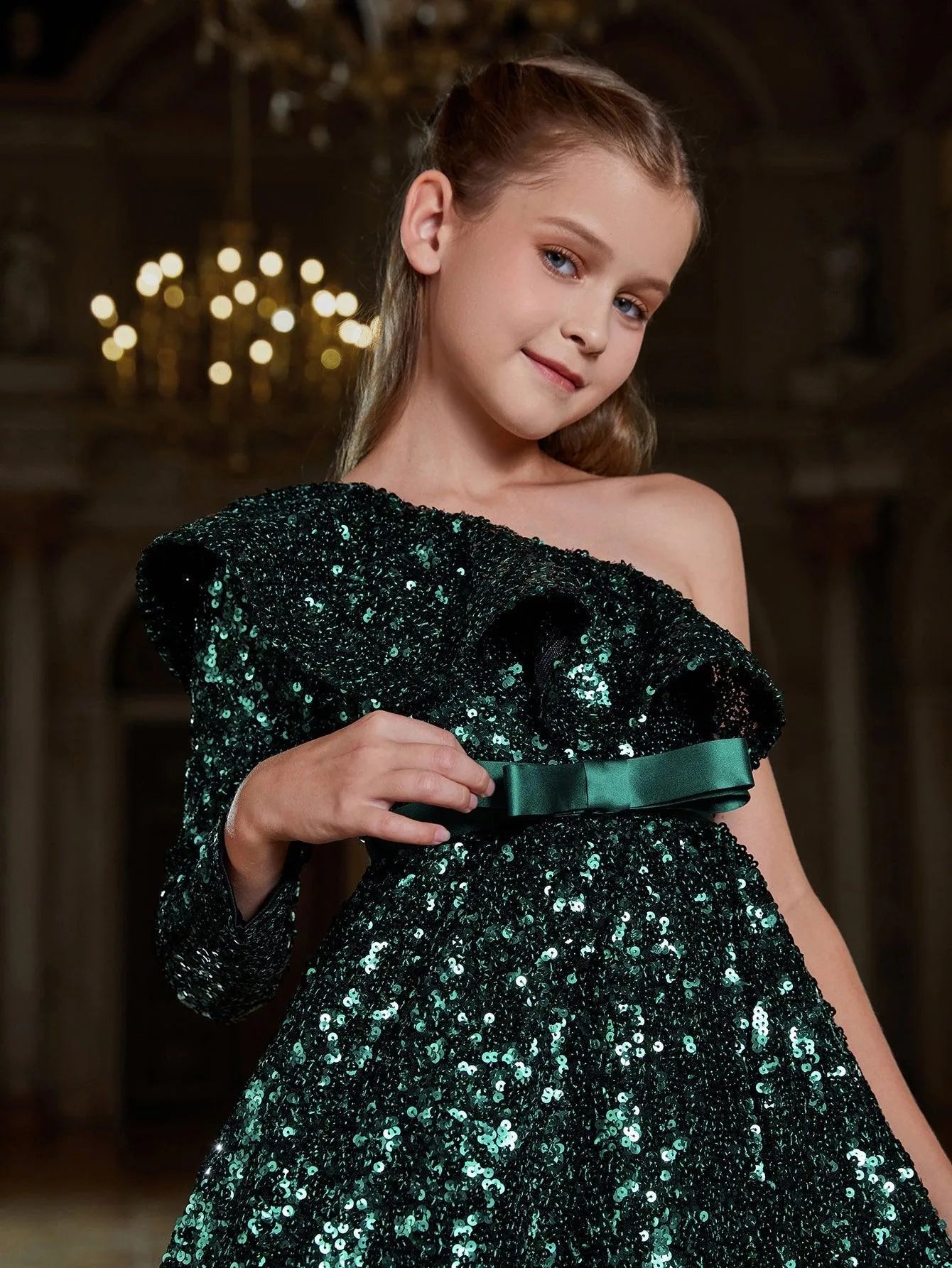 Tween Girls' One Shoulder Ruffle Trim Sequin Party Dress - Elonnashop