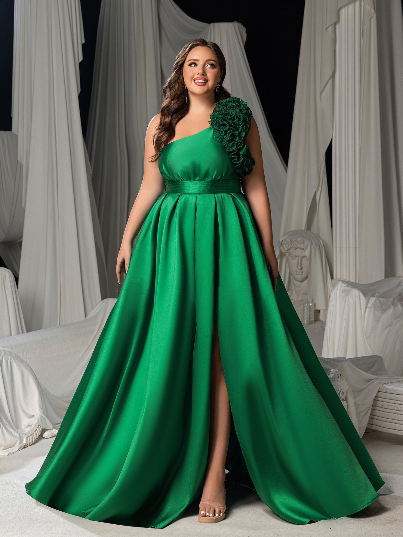Plus Women's One Shoulder Formal Dress | Statement Ruffle Trim Accent | Corset Back & High Split