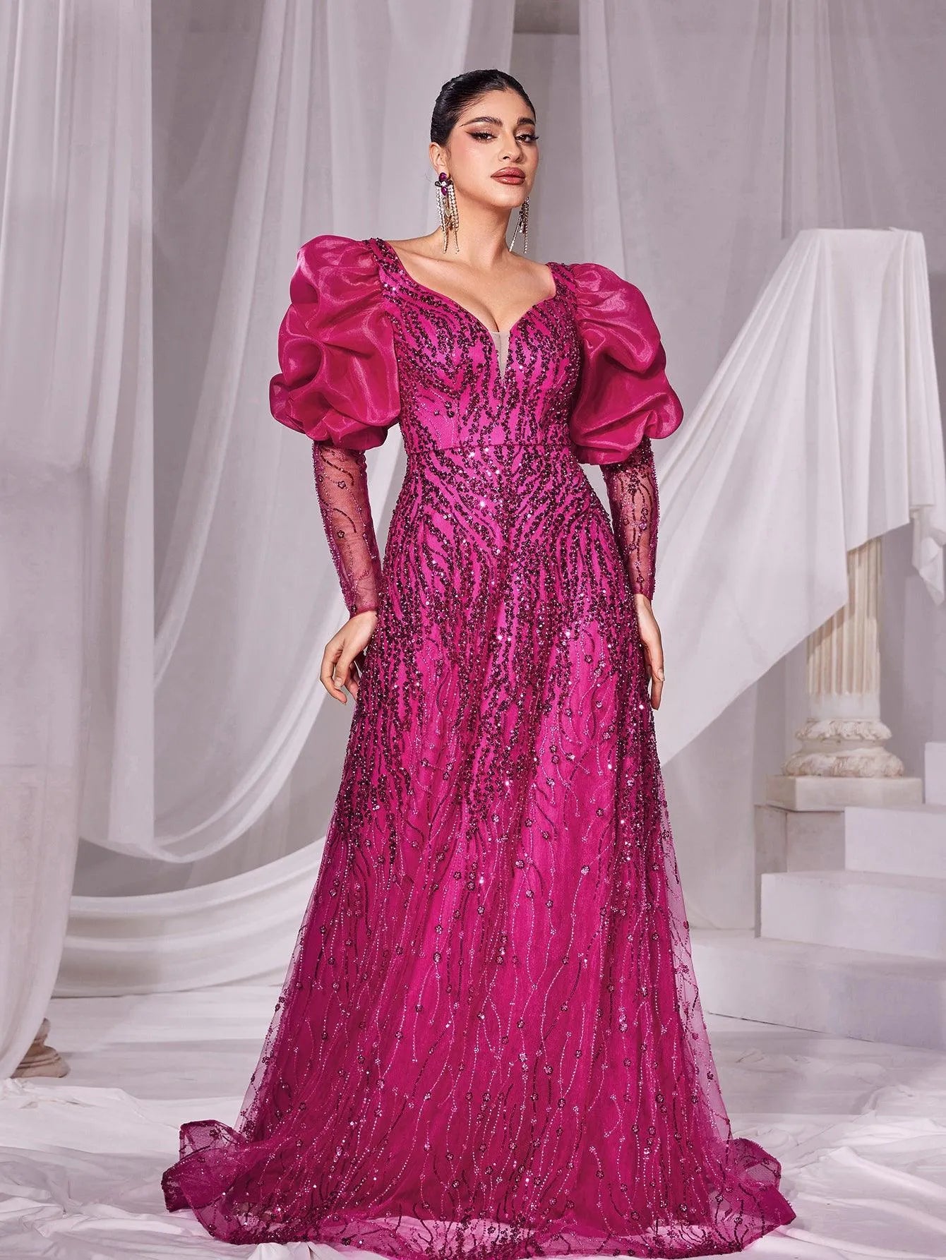 Gorgeous Plunging Neck Gigot Sleeves Maxi Prom Dress - Elonnashop