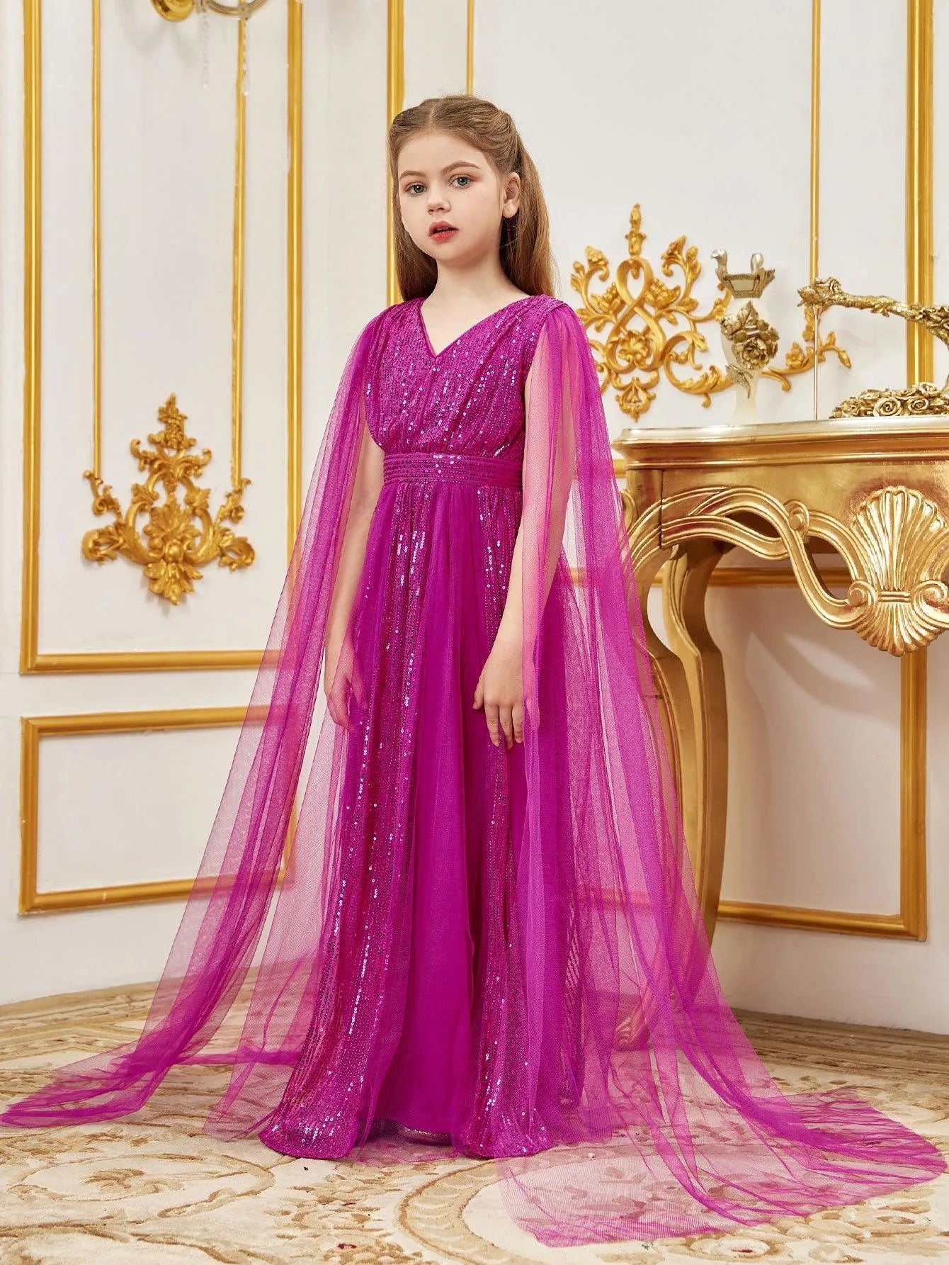 Tween Girls' Contrast Mesh Cape Sleeves Sequin Party Dress - Elonnashop