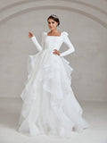 Elegant Square Collar Layered Ruffle Hem Wedding Dress - Elonnashop