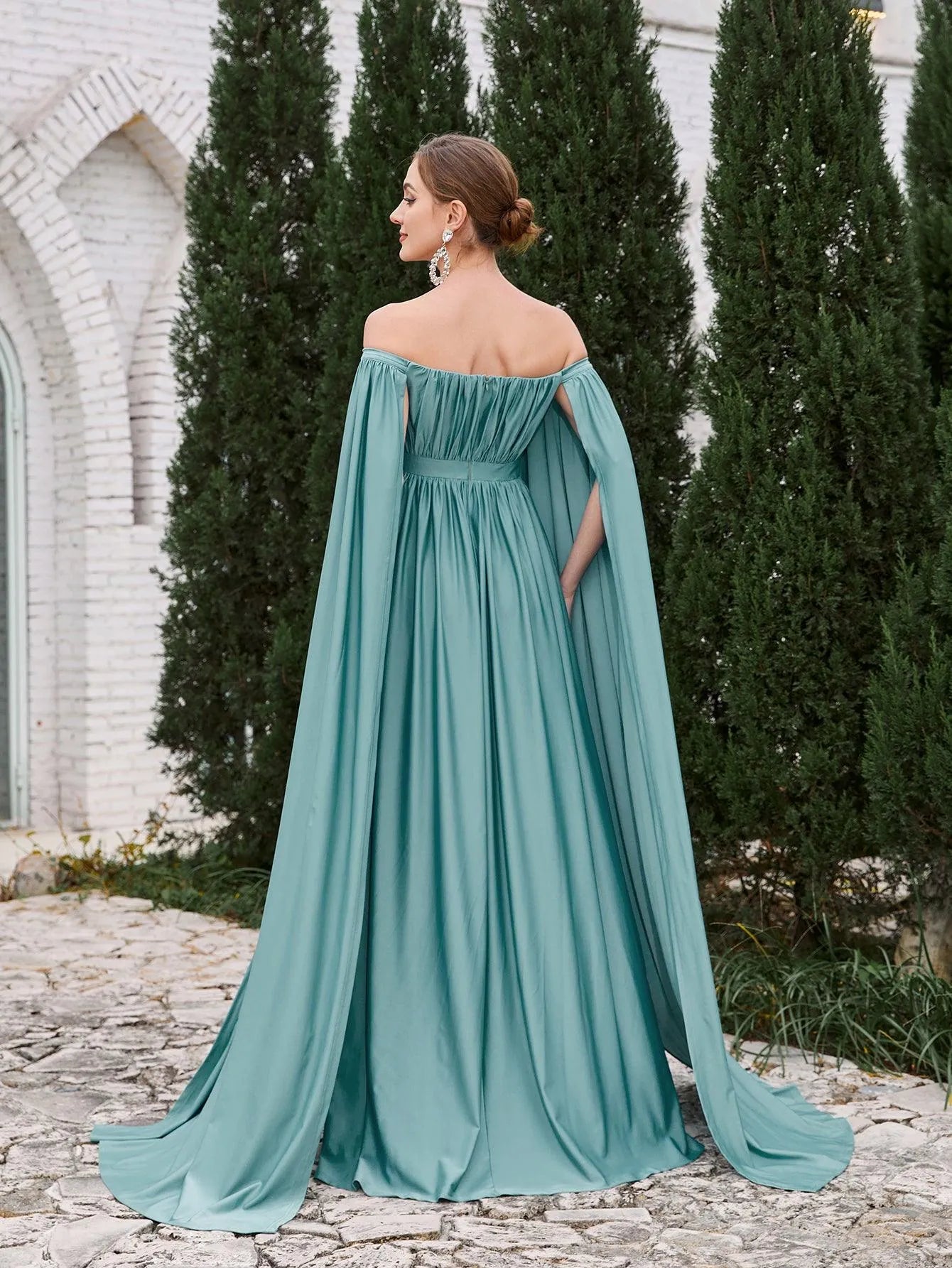 Maternity Off Shoulder Cape Sleeves Maxi Prom Dress - Elonnashop