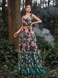 Gorgeous Square Collar Floral Embroidered Evening Dress - Elonnashop