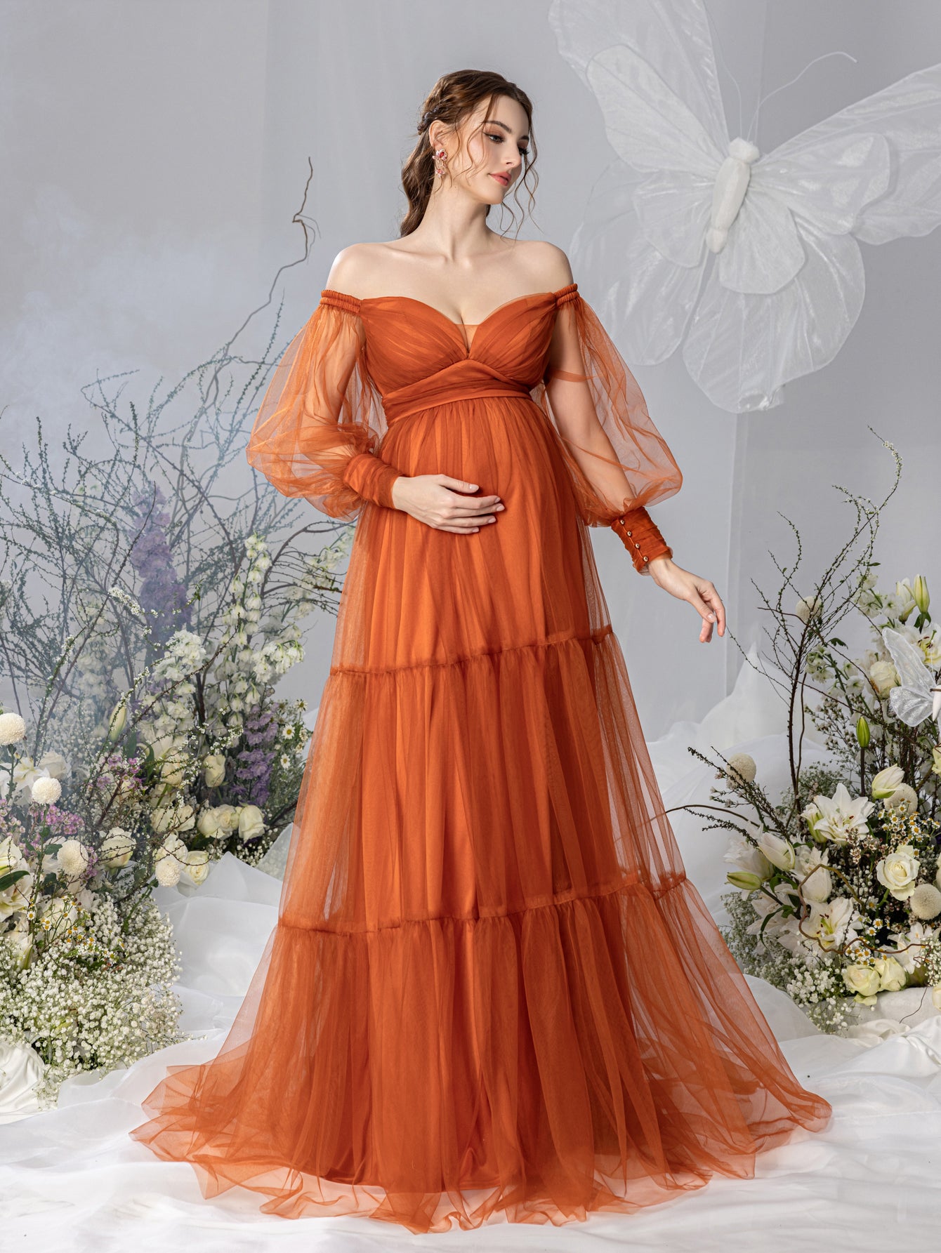 maternity strapless shoulder photoshoot dress Maternity Off Shoulder Bishop Sleeves Layered Tulle Photography Dress – Elonnashop