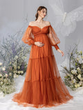 Maternity Off Shoulder Bishop Sleeves Layered Tulle Photography Dress