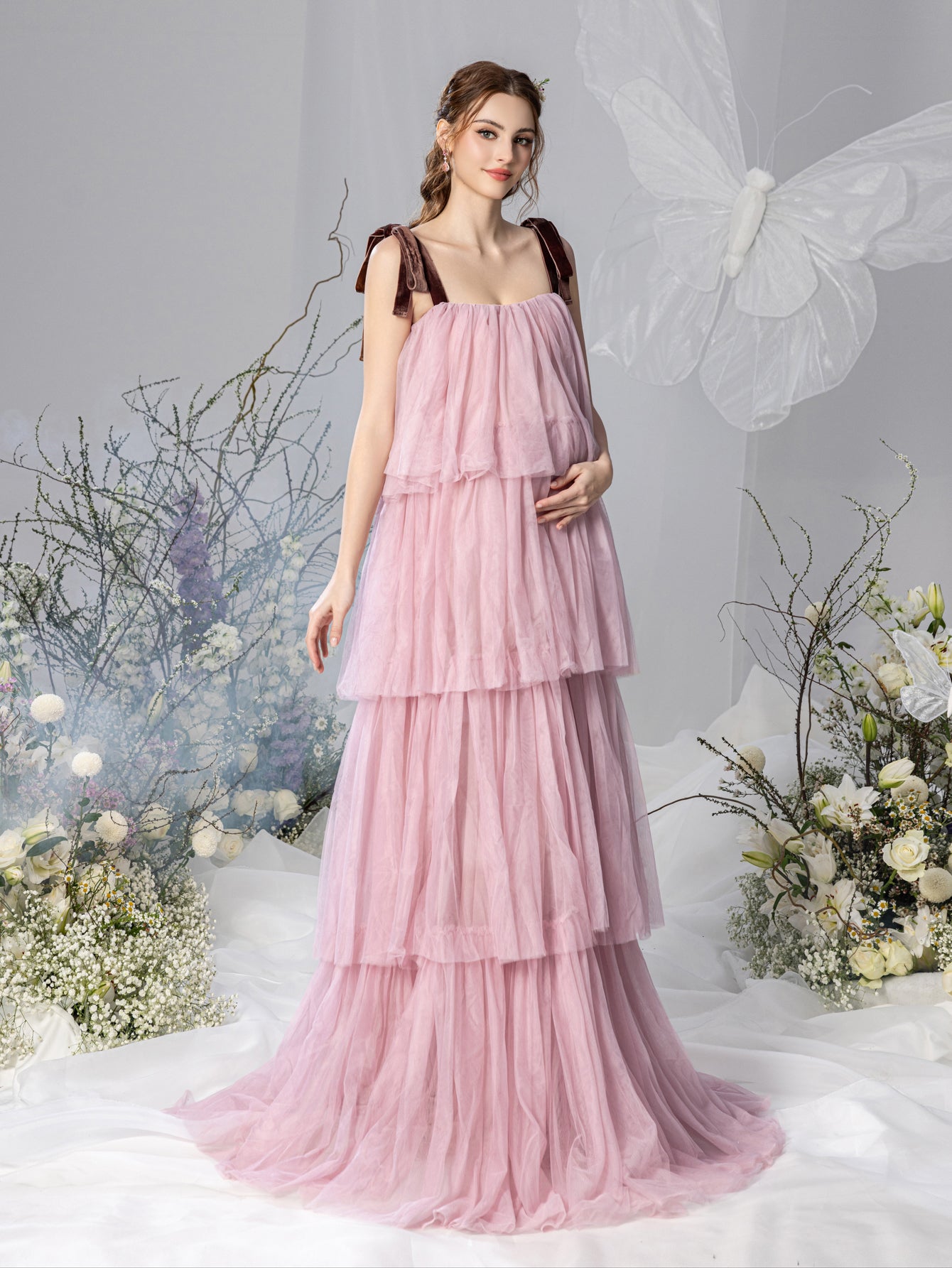 Maternity Tie Shoulder Layered Mesh Party Dress Photography Dress