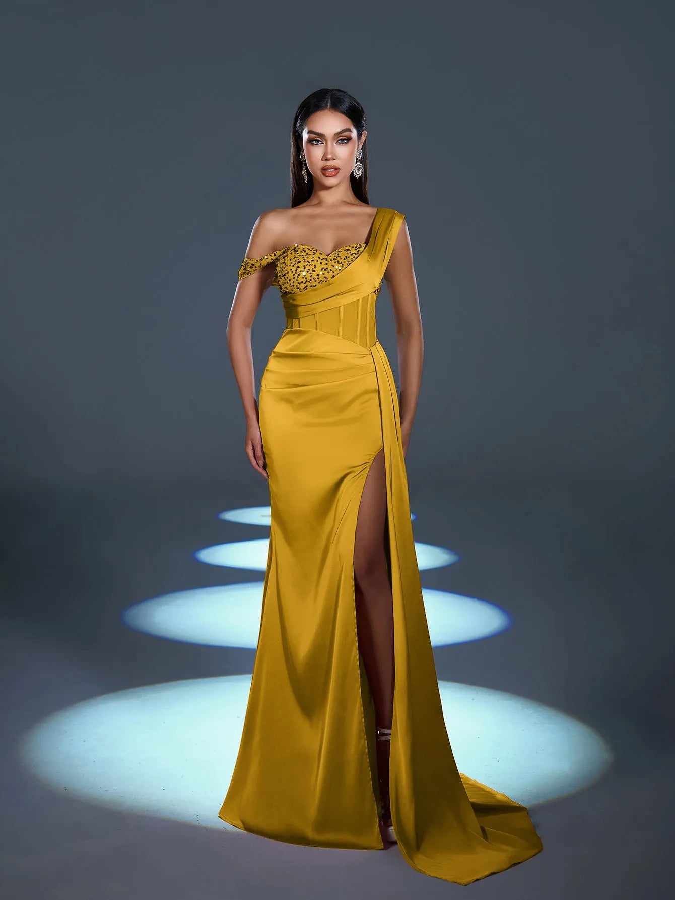 Elegant Asymmetrical Neck Split Mermaid Hem Satin Evening Dress Elonnashop Elegant Asymmetrical Neck Split Mermaid Hem Satin Evening Dress Elonnashop
