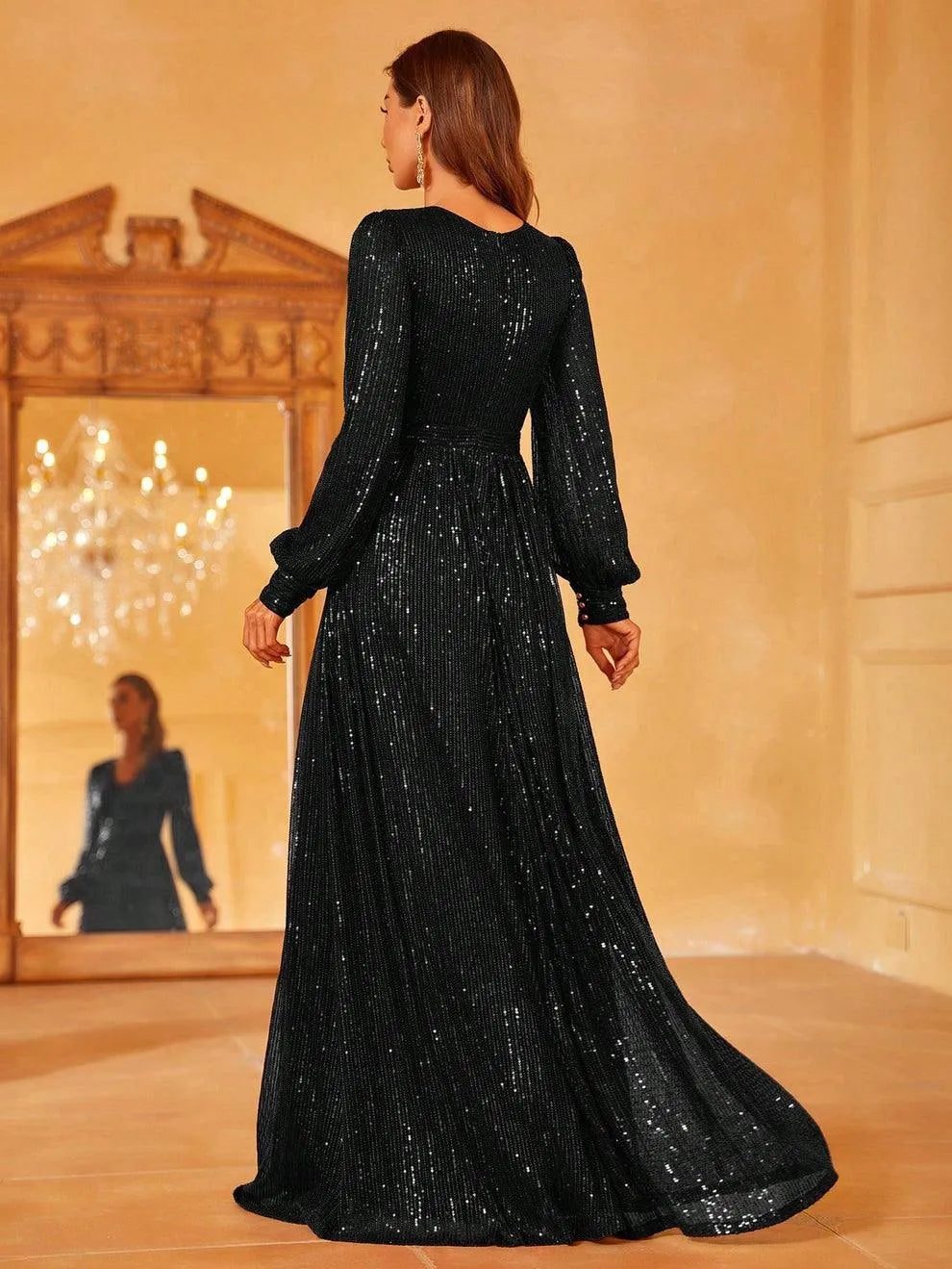 Elegant V Neck Long Sleeves Sequin A Line Dresses - Elonnashop