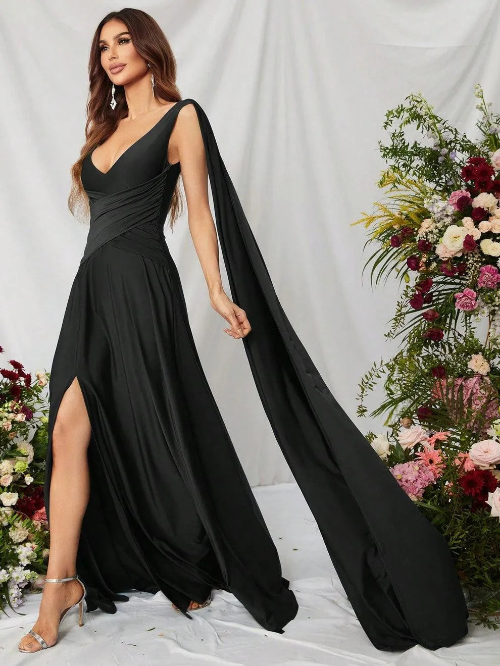 Elegant V Neck Sleeveless A Line Slit Dresses - Elonnashop