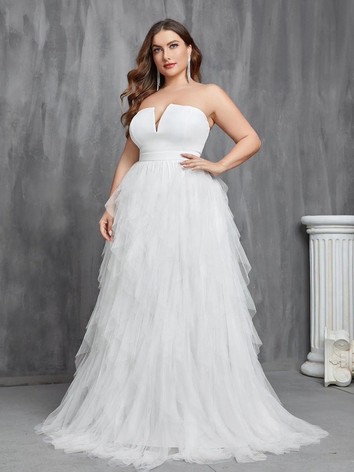 Plus Mesh Overlay Tube Wedding Dresses - Elonnashop