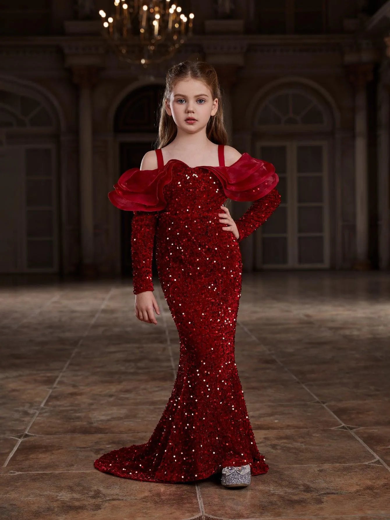 Tween Girls' Off Shoulder Ruffle Trim Sequin Mermaid Dress Elonnashop Tween Girls' Off Shoulder Ruffle Trim Sequin Mermaid Dress Elonnashop