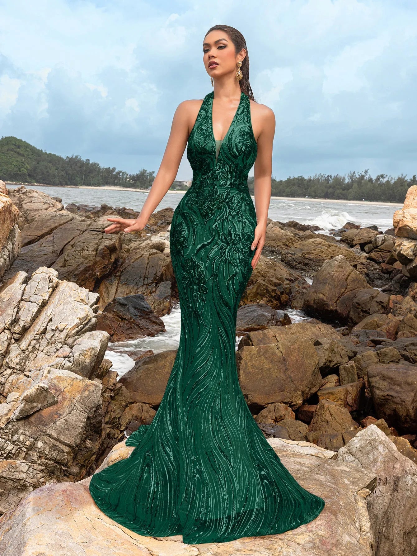 Halter Neck Backless Sequin Mermaid Dresses Burgundy / L Halter Neck Backless Sequin Mermaid Dresses Burgundy / L