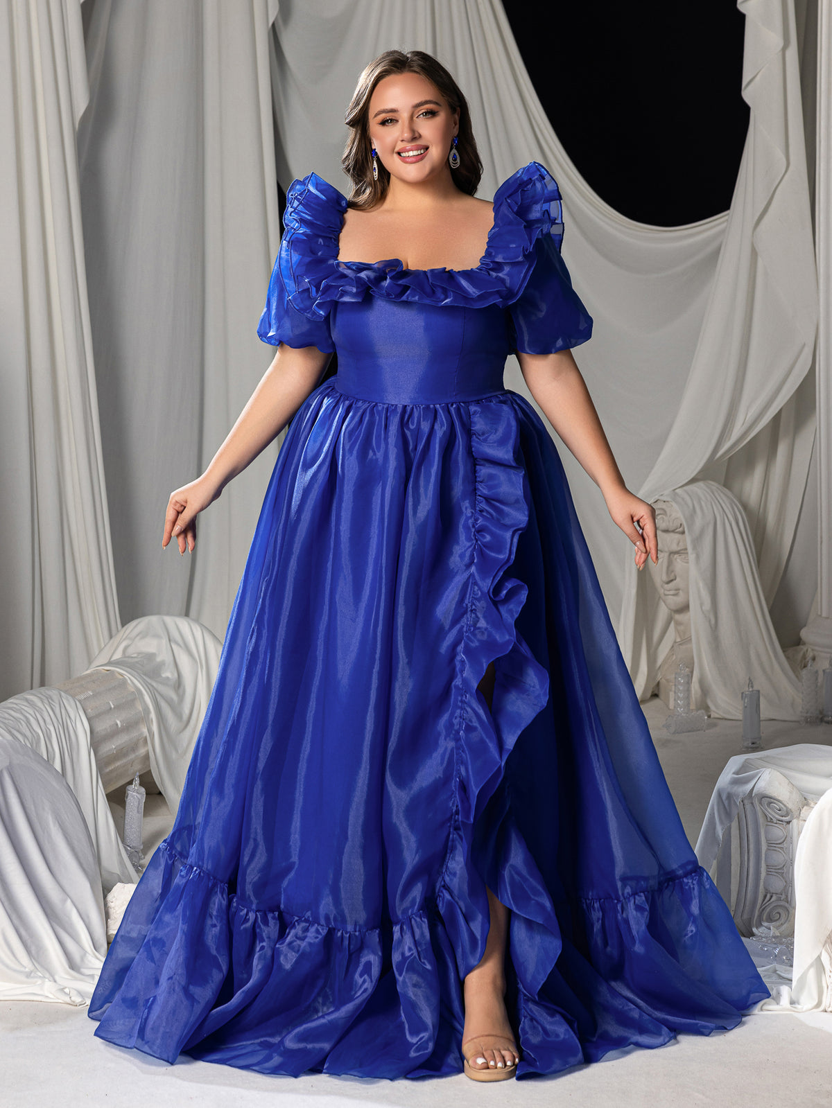 Plus Square Collar Ruffle Trim Puff Sleeves Organza Prom Dress
