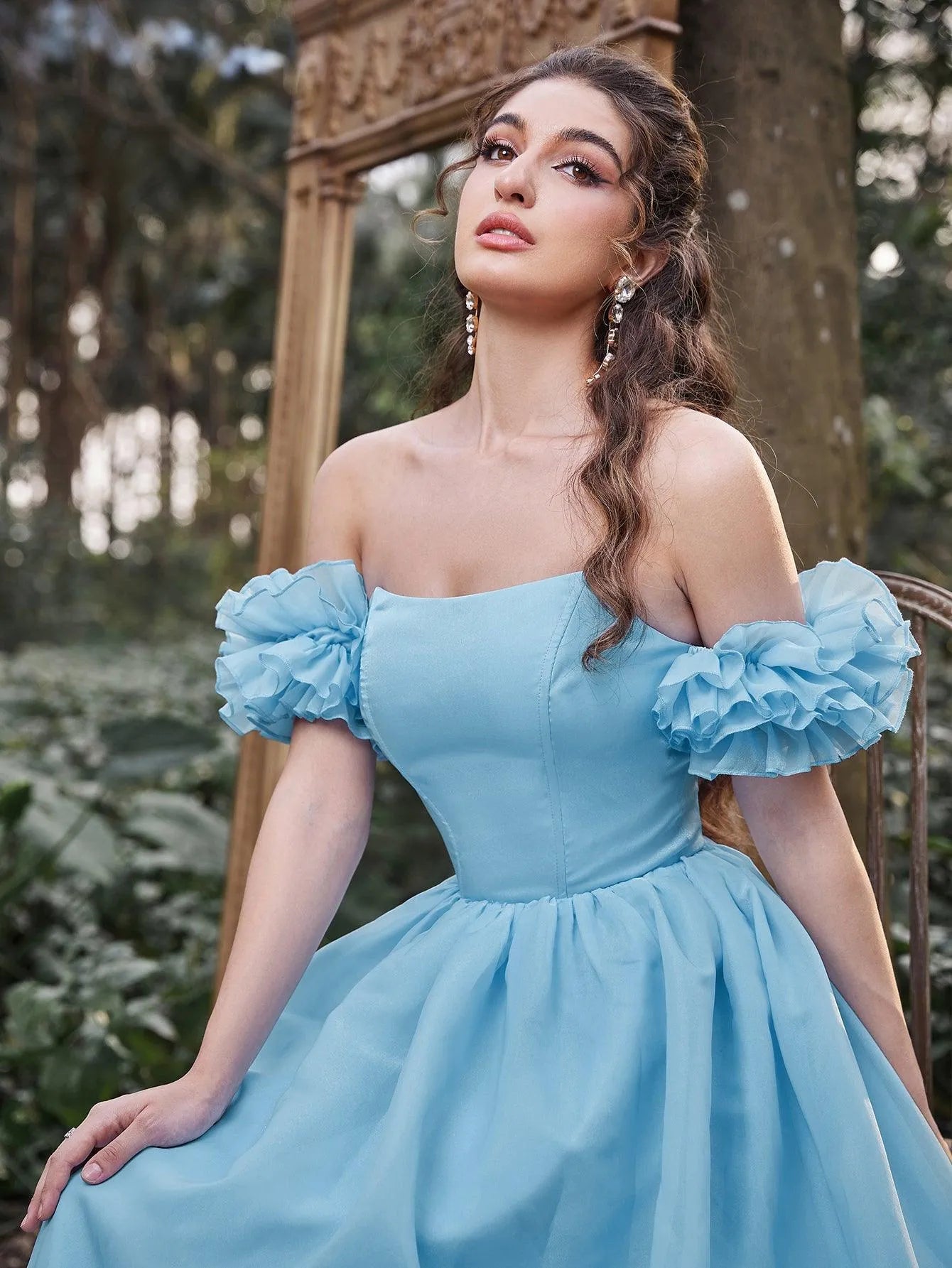 Off Shoulder Ruffle Sleeves Organza Prom Tube Dress - Elonnashop