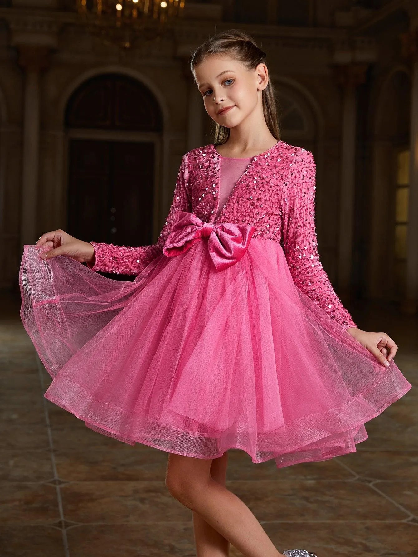 Tween Girls' Cute Bow Front Long Sleeve Party Dress - Elonnashop