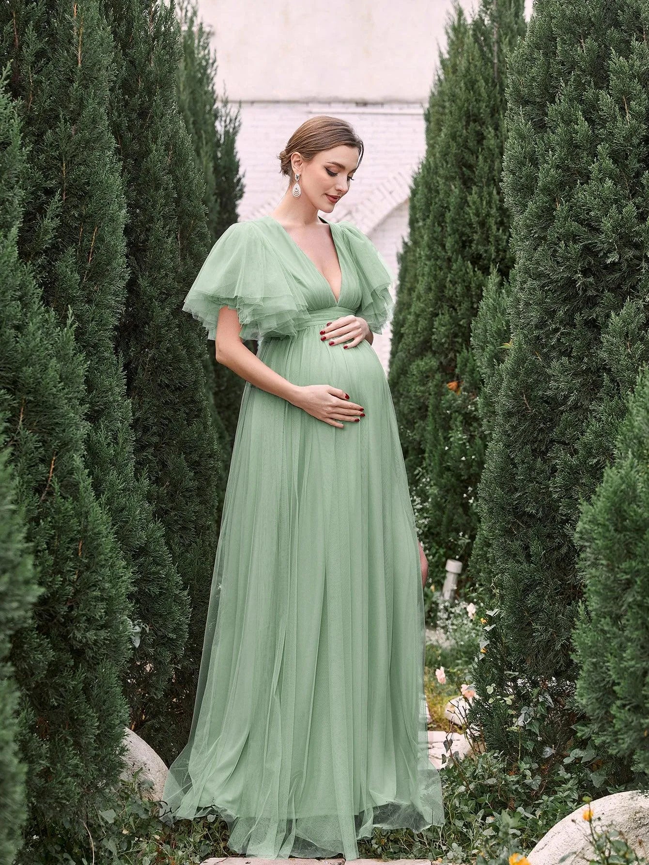 Maternity V Neck Layered Ruffle Sleeves Split Prom Dress - Elonnashop