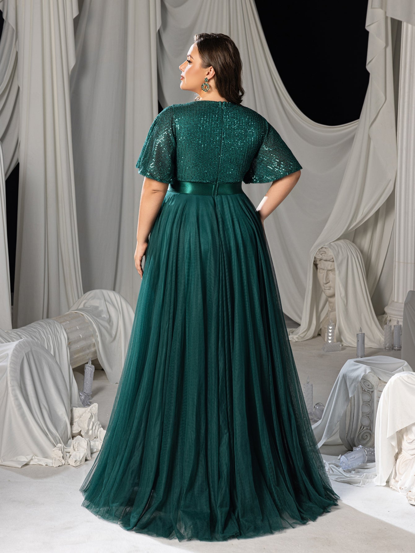 Plus Elegant Surplice Neck Butterfly Sleeves Sequin Evening Dress