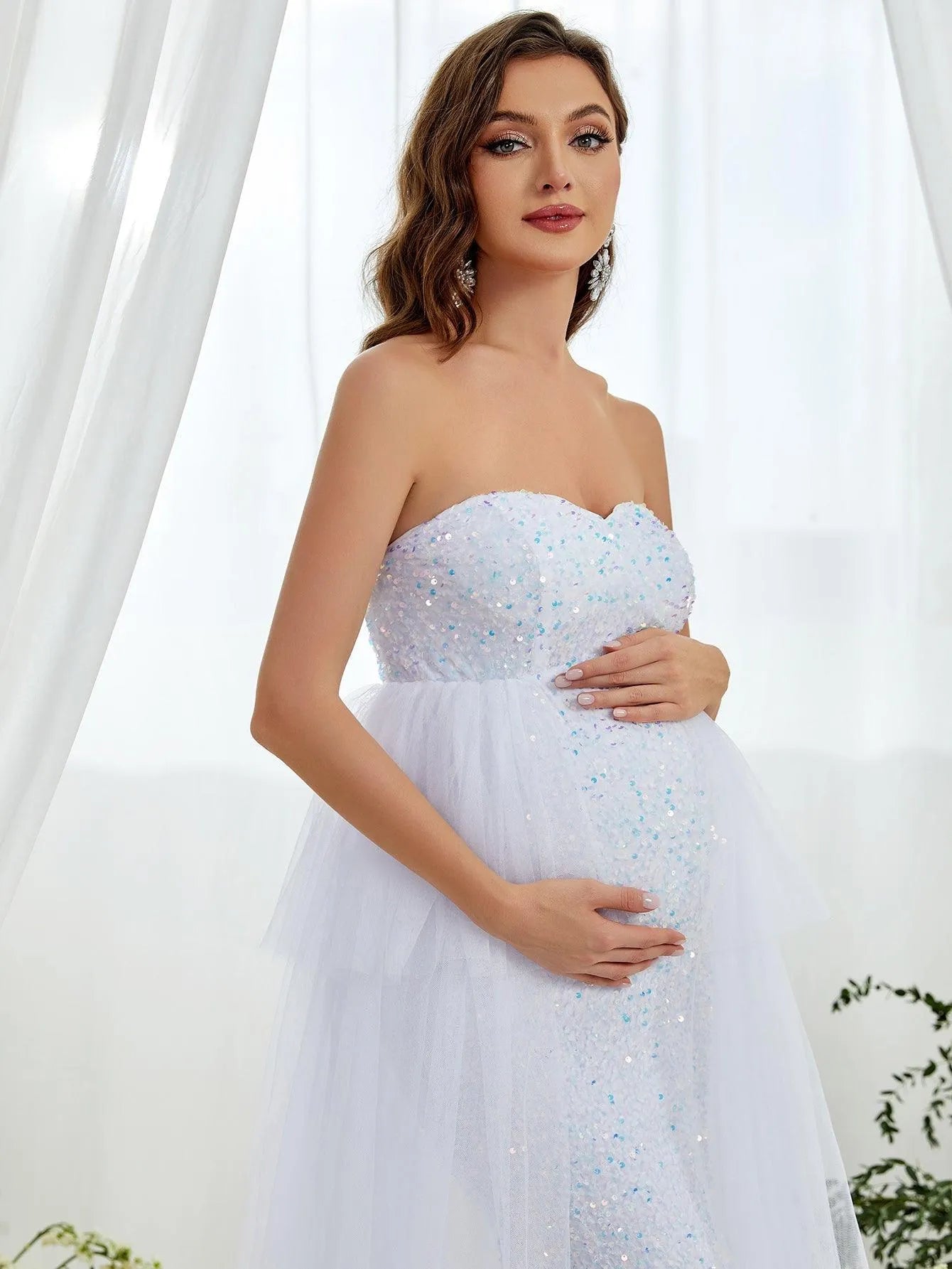 Maternity Mesh Overlay Mermaid Hem Sequin Tube Dress - Elonnashop