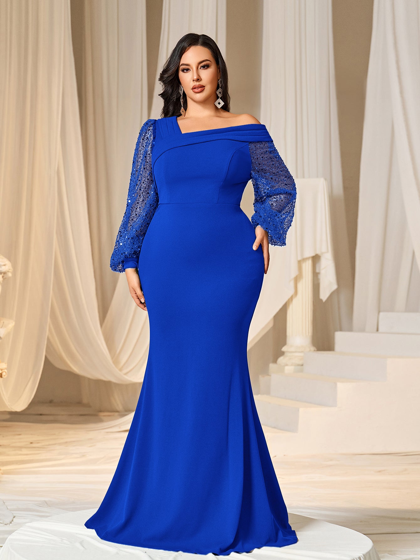 Plus Asymmetrical Neck Lantern Sleeves Formal Mermaid Dress Elonnashop Plus Asymmetrical Neck Lantern Sleeves Formal Mermaid Dress Elonnashop