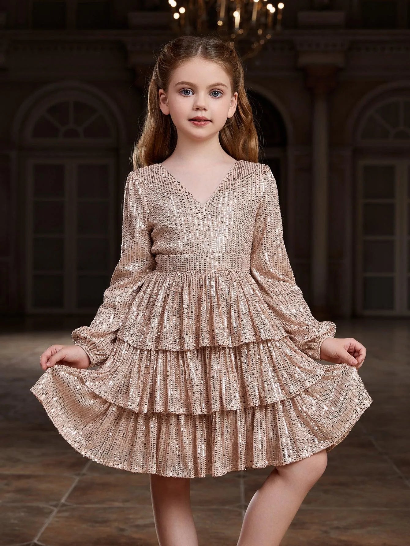 Tween Girls' Backless V Neck Layered Hem Sequin Party Dress - Elonnashop