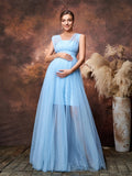 Maternity Plunging Neck Sleeveless Tulle Overlay Party Dress