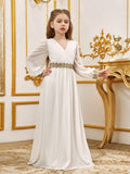 Tween Girls' Lace Trim Decoration V-neck Bishop Sleeves Chiffon Party Dress