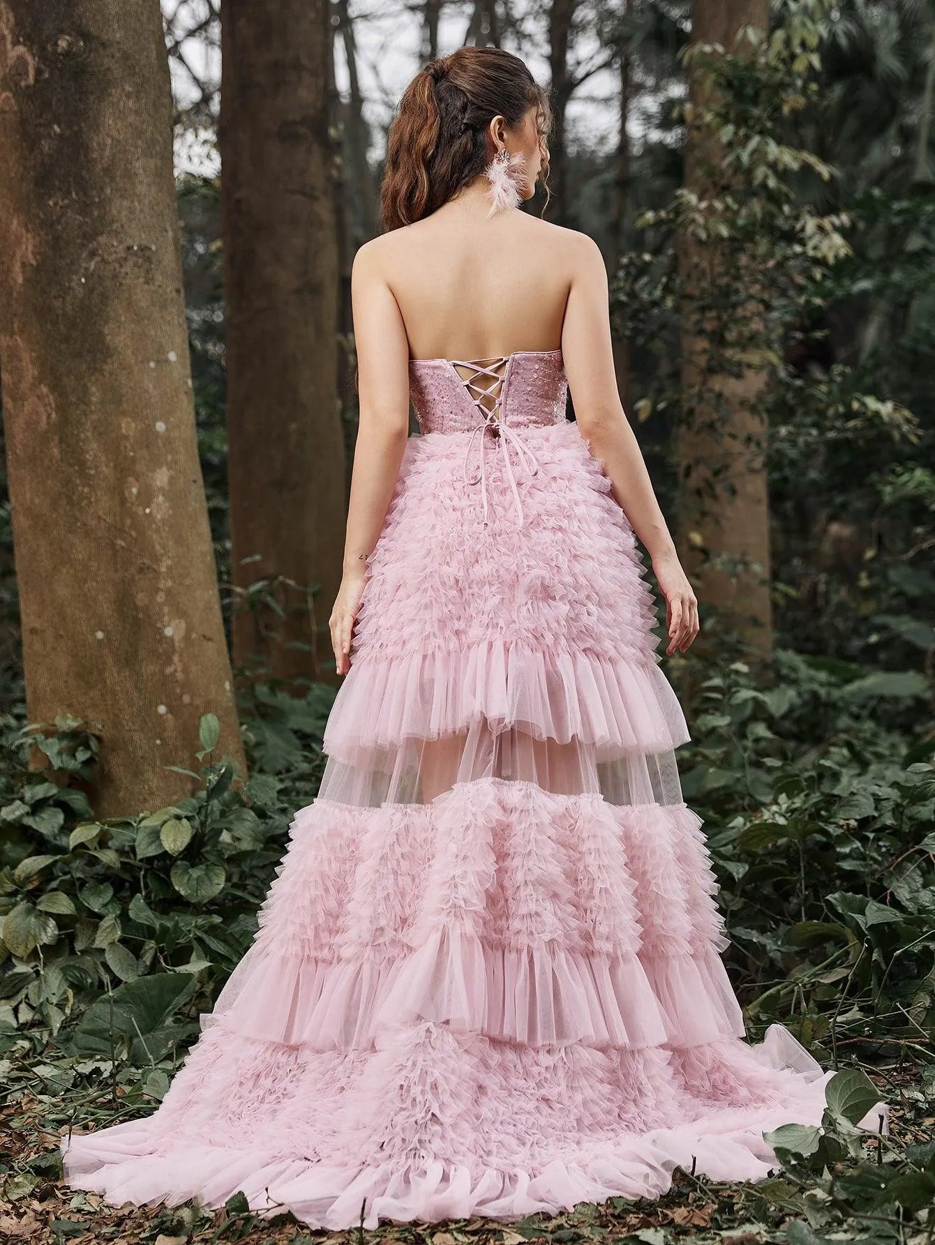 Luxury Ruffle Trim Sequin Bodice Cascading Tulle Hem Prom Dress - Elonnashop