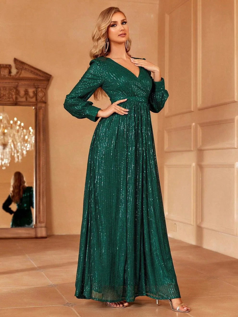 Elegant V Neck Long Sleeves Sequin A Line Dresses - Elonnashop