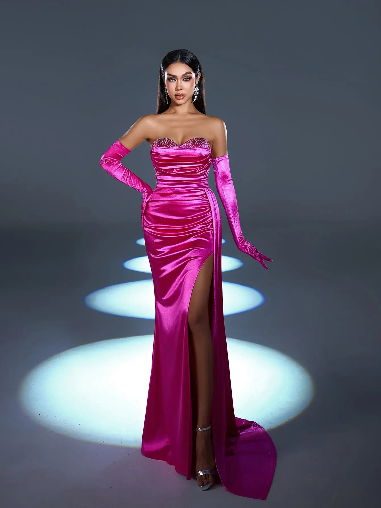 pink dress with gloves Elegant Rhinestone Detail Split Satin Formal Party Tube Dress (Gloves – Elonnashop
