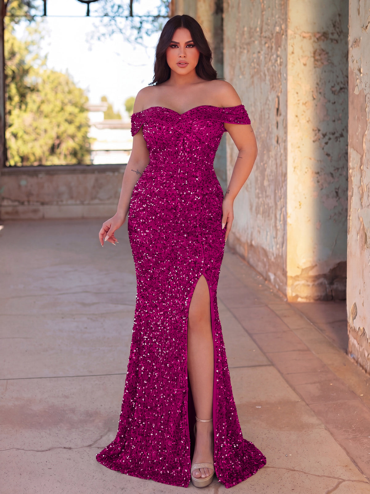 Plus Elegant Off Shoulder Split Sequin Mermaid Formal Dress