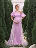 Maternity Asymmetrical Collar Ruffle Sleeves Mermaid Dress - Elonnashop