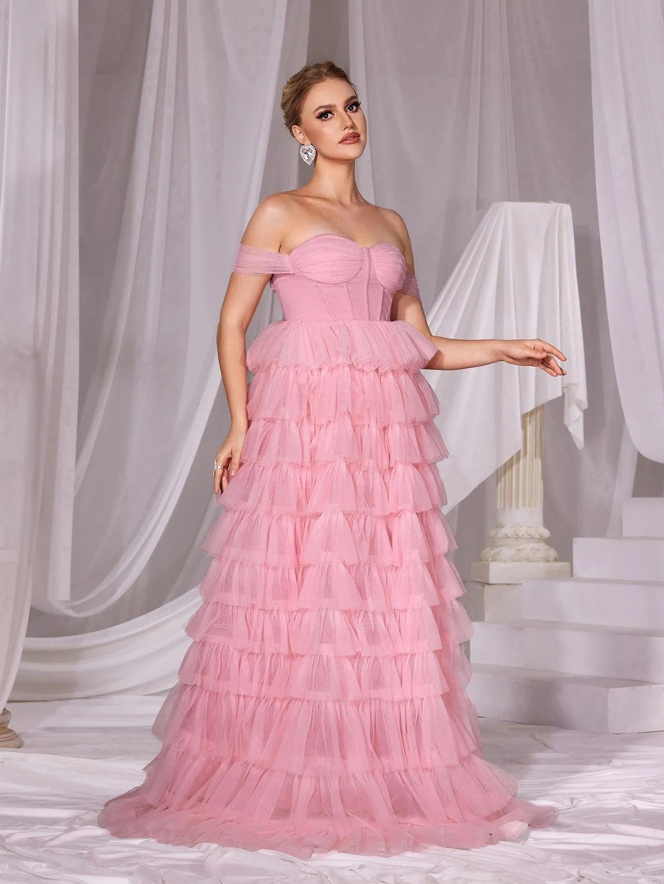 Off Shoulder Mesh Layered Hem Cake Prom Dress - Elonnashop