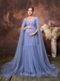 Maternity Plunging Neck Cloak Sleeves Tulle Overlay Party Dress