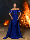 Off Shoulder Puff Sleeves Satin Sequin Mermaid Dress