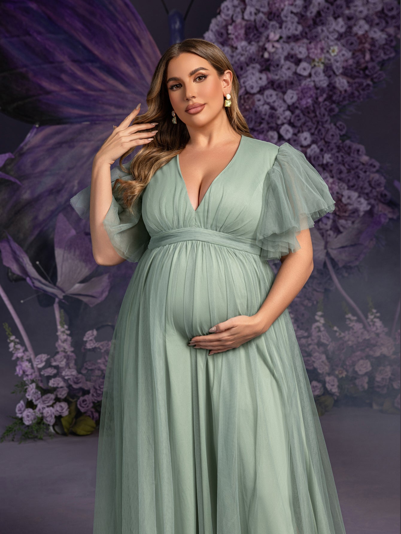 Plus Maternity V Neck Layered Ruffle Sleeves Split Prom Dress