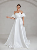 Puff Sleeve Rhinestone Waistband Satin Tube Wedding Dress - Elonnashop