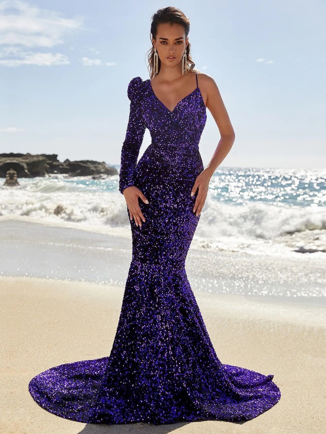 Asymmetrical Neck Mermaid Hem Sequin Prom Dresses - Elonnashop