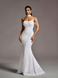 Elegant Beaded Chain Detail Split Thigh Mermaid Hem Sequin Wedding Dress (Choker included)