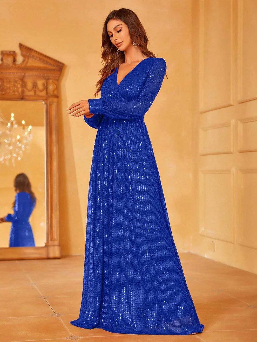 Elegant V Neck Long Sleeves Sequin A Line Dresses Royal Blue / XL Elegant V Neck Long Sleeves Sequin A Line Dresses Royal Blue / XL