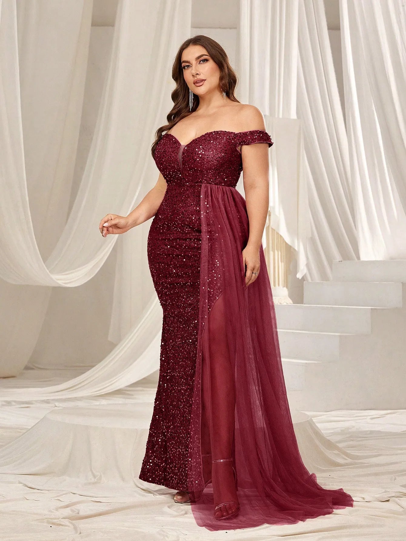 Plus Elegant Off Shoulder Split Thigh Sequin Formal Dress