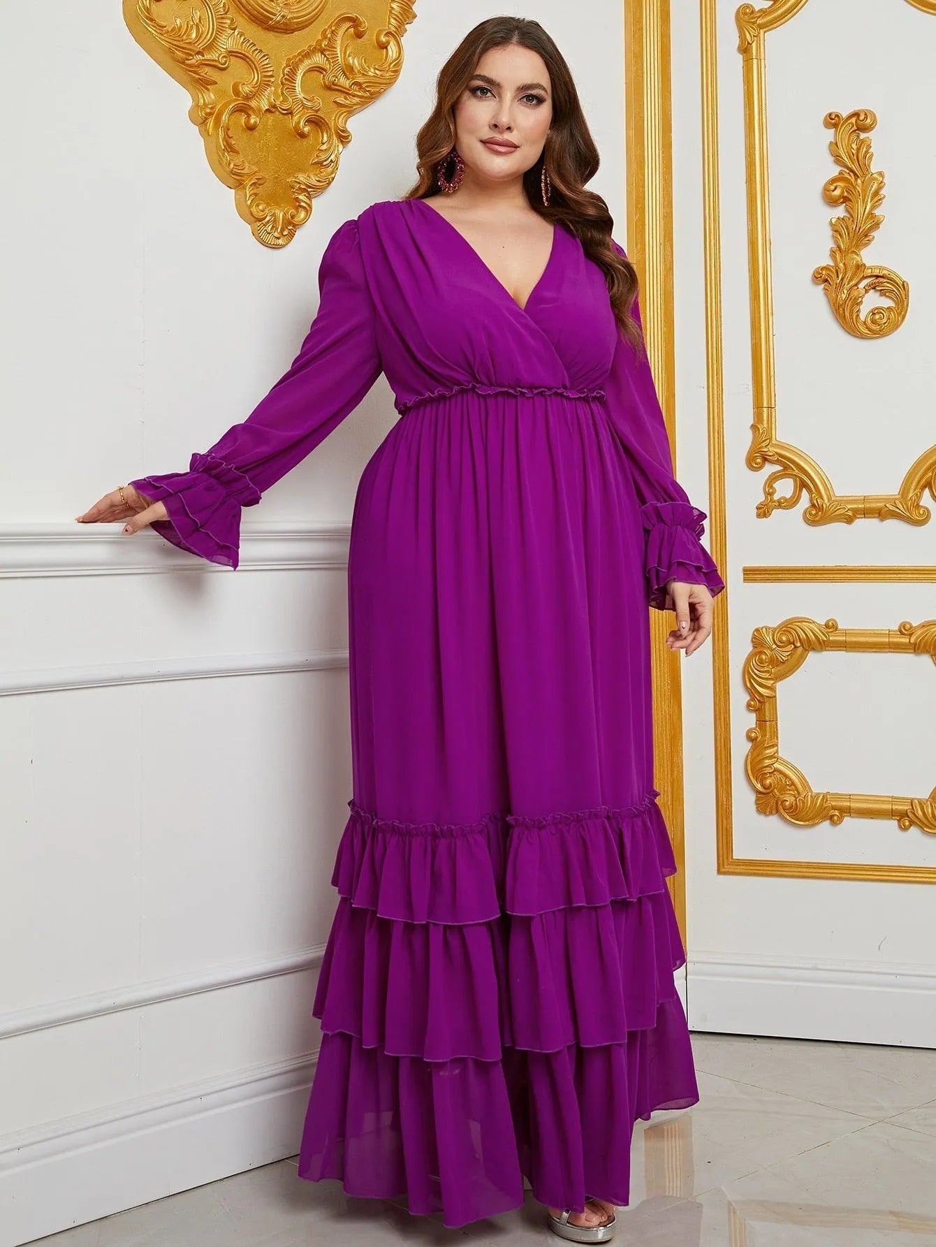 Plus Lantern Sleeve Layered Ruffle Hem Chiffon Dress - Elonnashop