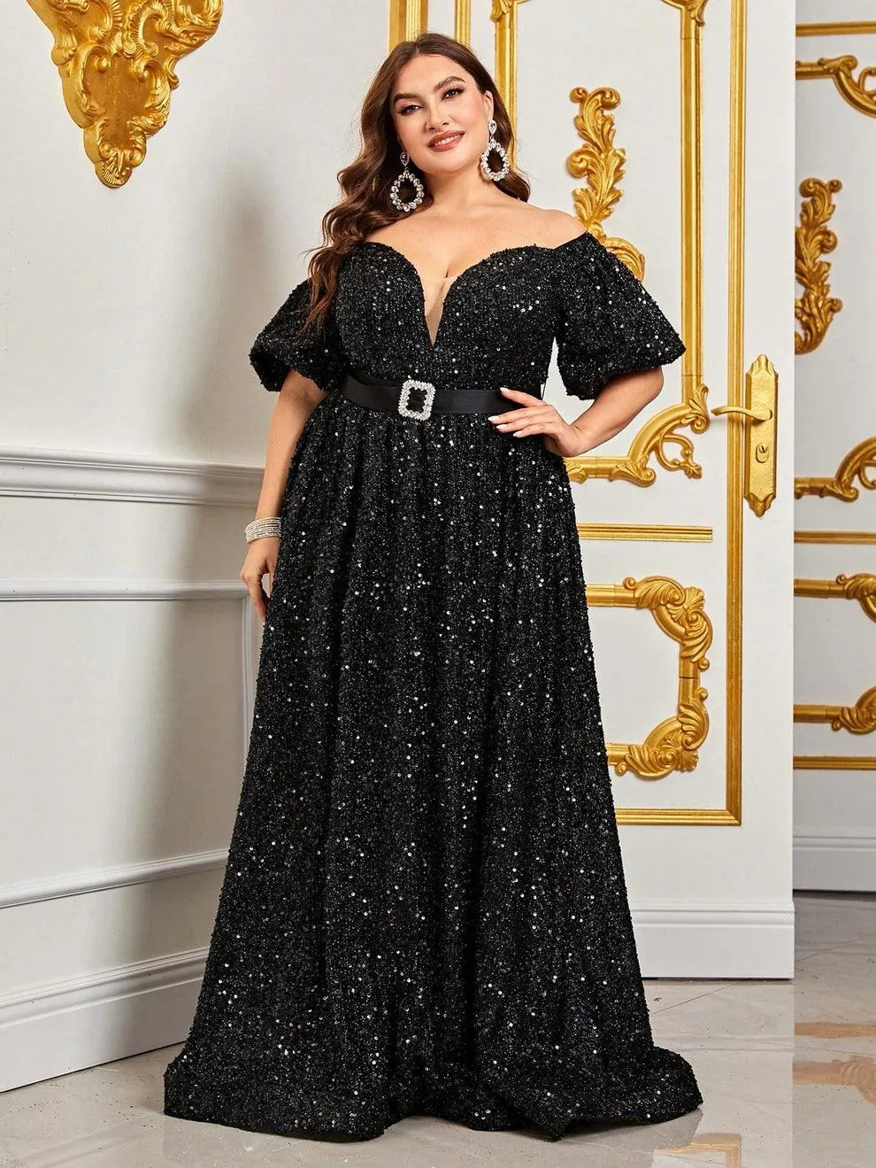 Plus Off Shoulder Puff Sleeves Sequin Formal Dress - Elonnashop