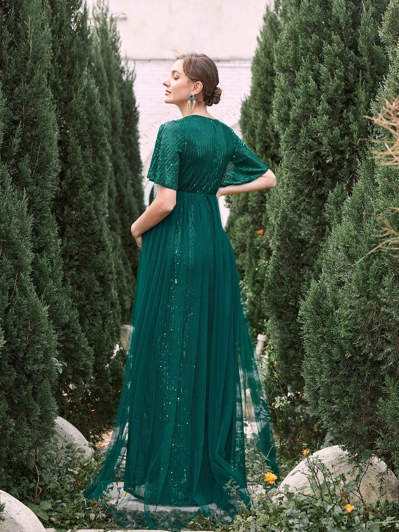 Maternity Mesh Overlay Puff Sleeves Sequin Prom Dress - Elonnashop