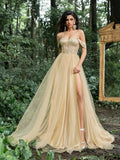 Gorgeous Off Shoulder Beaded Sequin Bodice Split Thigh Tulle Prom Dress