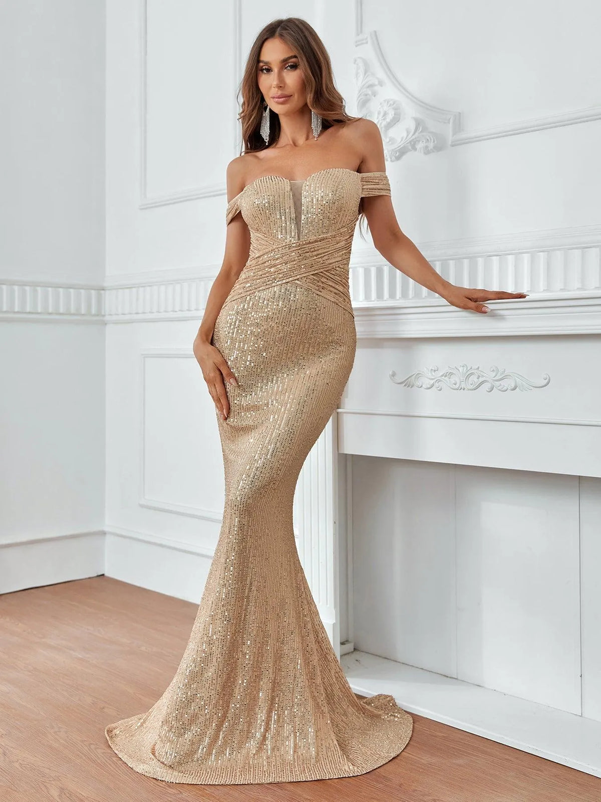 Contrast Mesh Off Shoulder Mermaid Hem Sequin Formal Dress - Elonnashop