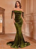 Elegant Off Shoulder Knot Side Velvet Mermaid Dress - Elonnashop