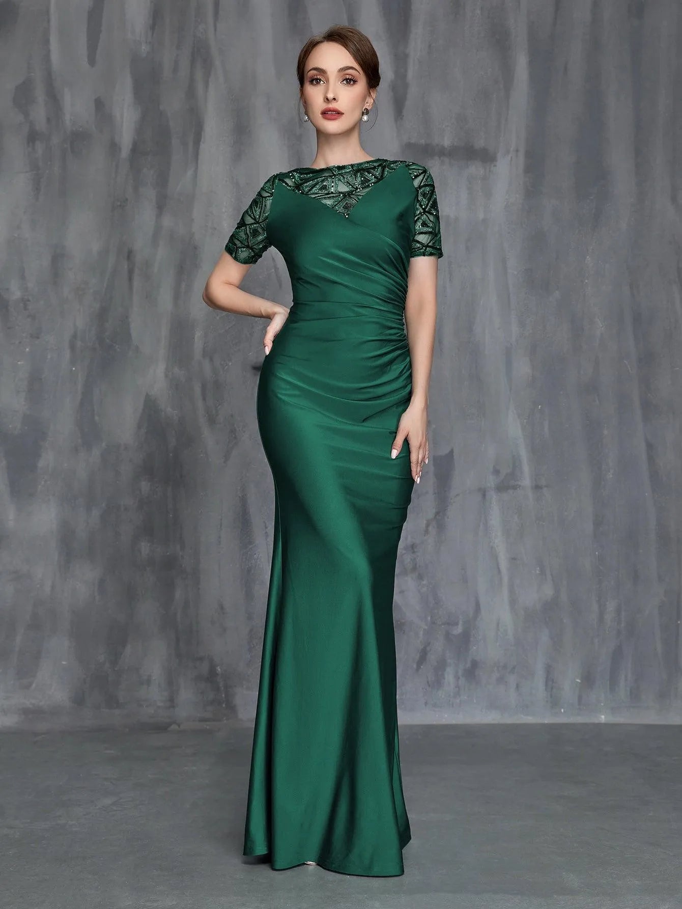 Womens' Mermaid Hem Sequin Contrast Satin Formal Dress - Elonnashop