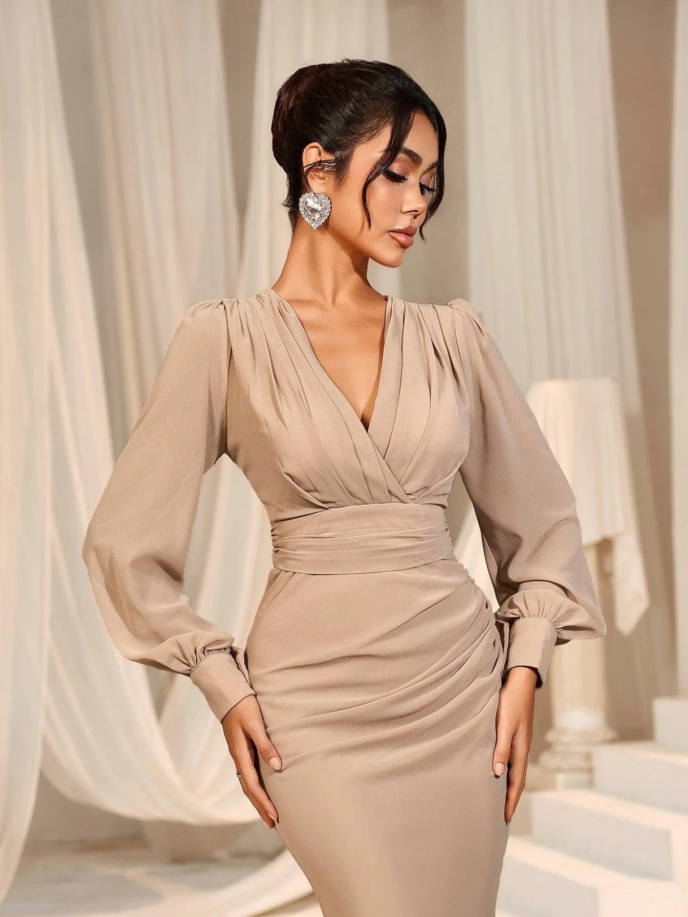 Surplice Neck Lantern Sleeve Chiffon Mermaid Dress - Elonnashop