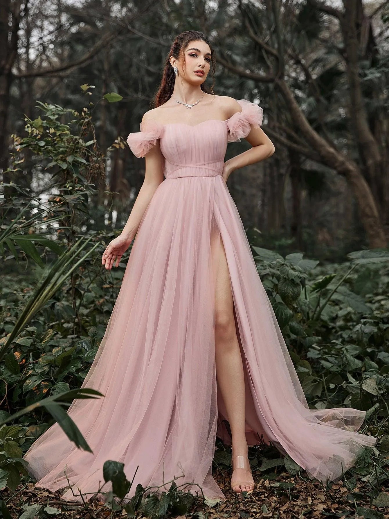 Elegant Off Shoulder Ruched Bust Split Thigh Tulle Evening Dress Elonnashop Elegant Off Shoulder Ruched Bust Split Thigh Tulle Evening Dress Elonnashop